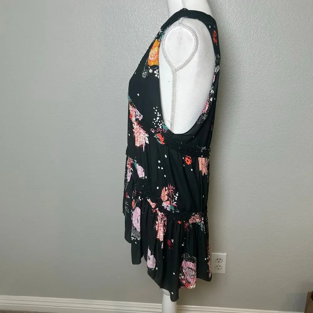 Free People Haze Floral tiered tunic Black and pink tank size S